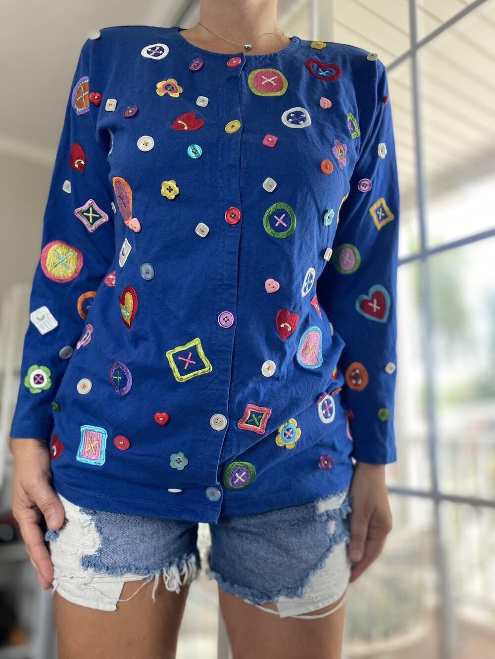 MICHAEL SIMON LITE Blue colorful embroidered Spring Love theme cardigan S